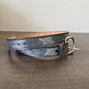 Vtg 70's TOOLED Top Grain Leather Western SILVER Blue Floral Paisley Cowboy Belt